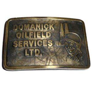 Vtg. CAT Designs Brass Belt Buckle, OILFIELD SERVICES LTD., 3.25 in. x 2.25 in.